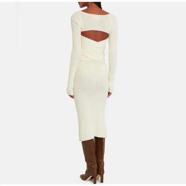 The Line by K Kane Knit Midi Dress Cream M Cutout Back Tied Waist Wrap V Neck - Image 3