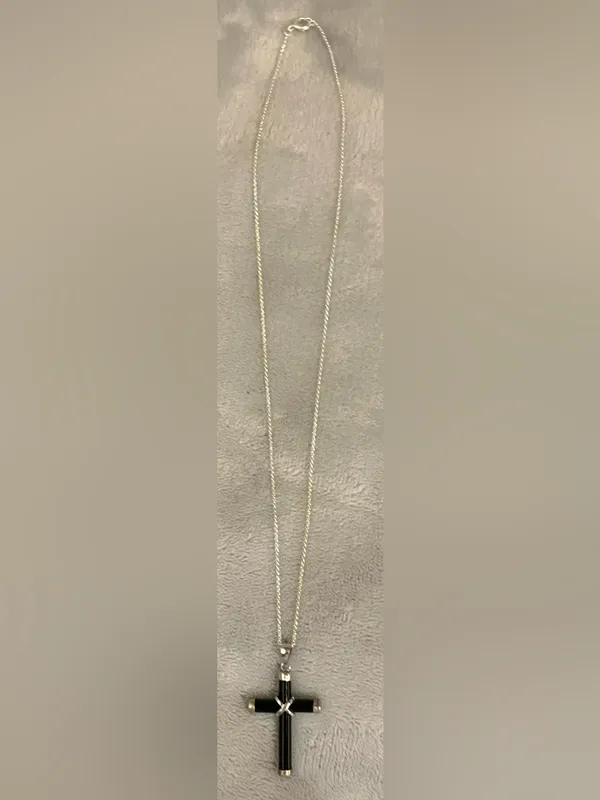 Unisex Black Cross Pendant Necklace Silver Tone Chain Gothic Religious Jewelry - Image 4