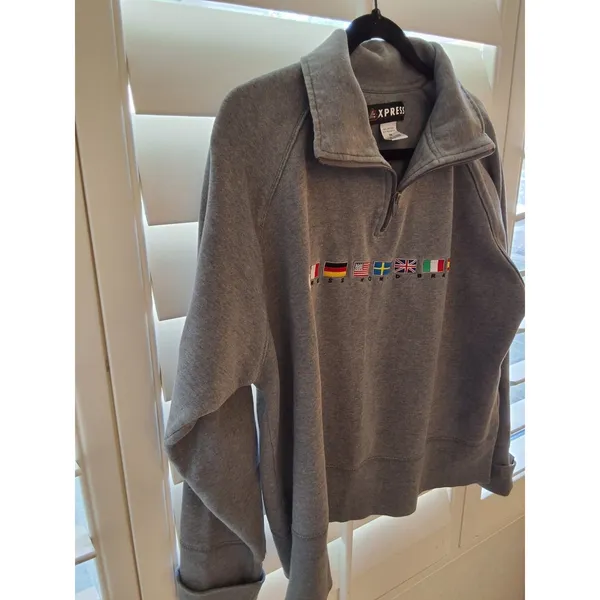 Vintage Express World Brand Quarter Zip Pullover Sweatshirt Gray Flags Size M - Image 8