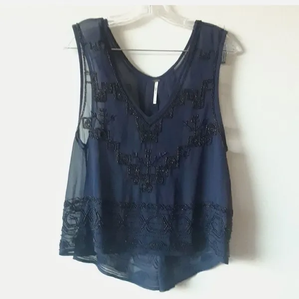 Free People Navy Blue Sheer Beaded Run With It Tank Top - Image 4