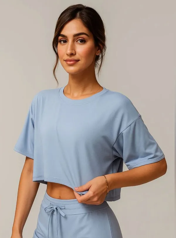 Blue Round Neck Drop Should Cropped Tee Size XS - Image 2