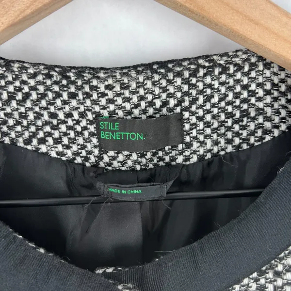 Stile Benetton Blazer Womens S Black White Tweed Casual Office Work‎ Snap Front - Image 2