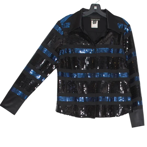 Frank Lyman Y2K Sequin Button Up Top Black Blue Stripe 14 Glam Disco Party Retro - Image 2