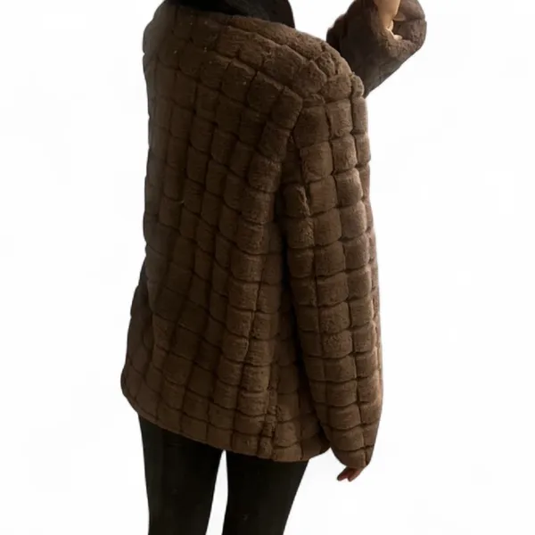 Chocolate Brown Faux Fur Grid Coat – Soft Plush Jacket, Size XS, Elegant & Cozy - Image 4