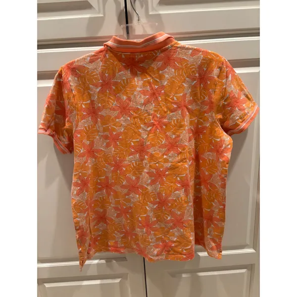 Lands End Womens Orange Tropical Floral Cotton Blend Short Sleeve Polo Shirt XL - Image 4