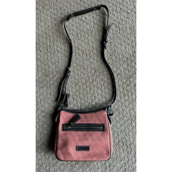 Dooney & Bourke Crossbody Handbag Logo Fabric Classic Orange‎ Dark Brown Leather - Image 2