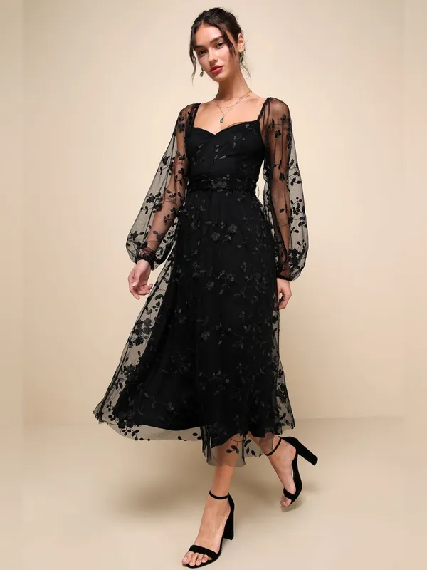 NWT Lulus Darling Charisma Black Mesh Embroidered Midi Dress S - Image 4