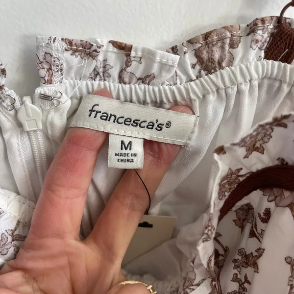 Francesca's Floral Romper Womens Medium White Brown Cottagecore Tiered‎ Ruffle - Image 5