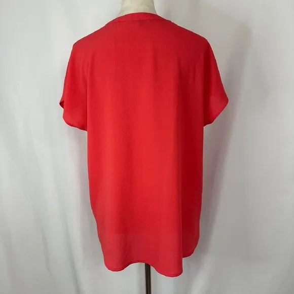 Adrianna Papell Blouse Top V-Neck‎ Short Sleeve Button Up Orange Red Women Large - Image 5