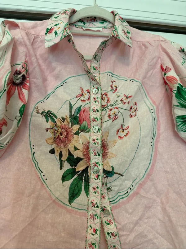 A loves A Pink Floral Button-Up Womens Blouse with Puff Sleeves - Image 3