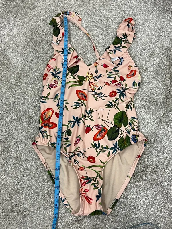 New Free People Medium Pink Peach Floral Ruffle Lace-Up One-Piece Swimsuit - Image 9