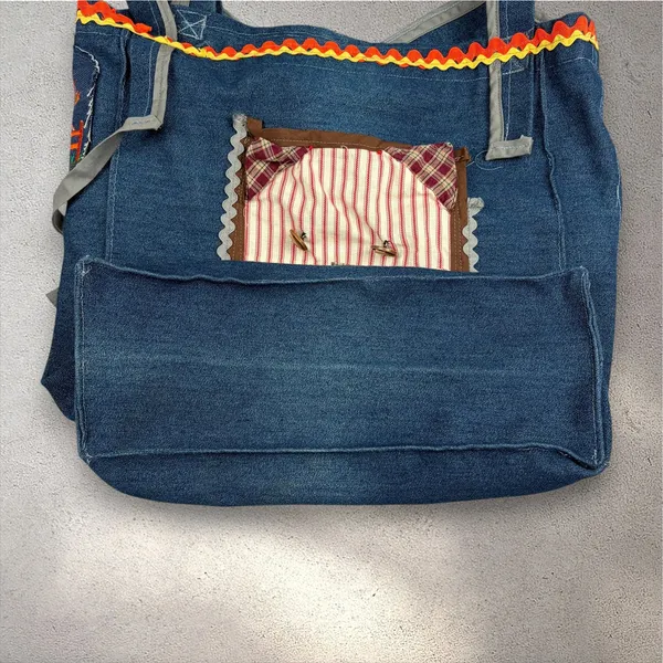 2000s Handmade Patchwork Denim Tote Bag Cottagecore Autumn Whimsy Thanksgiving - Image 6