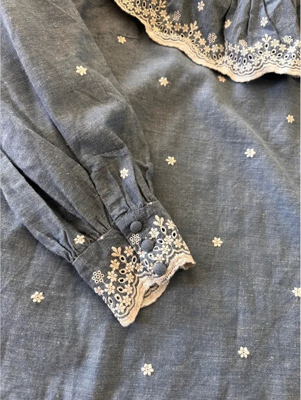 Sézane Embroidered Francesca Blouse Blue Chambray Women’s size 36 US 4 Small - Image 6