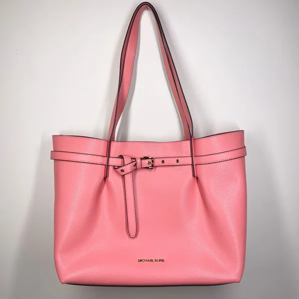Michael Kors Emilia Large Pebbled Leather Tote Bag Grapefruit Pink Buckle Accent - Image 2
