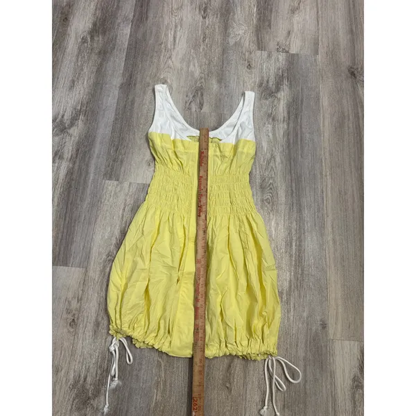 Anthropologie Daily Pratice Yellow White Zip Front Smocked Bubble Mini Dress S - Image 6