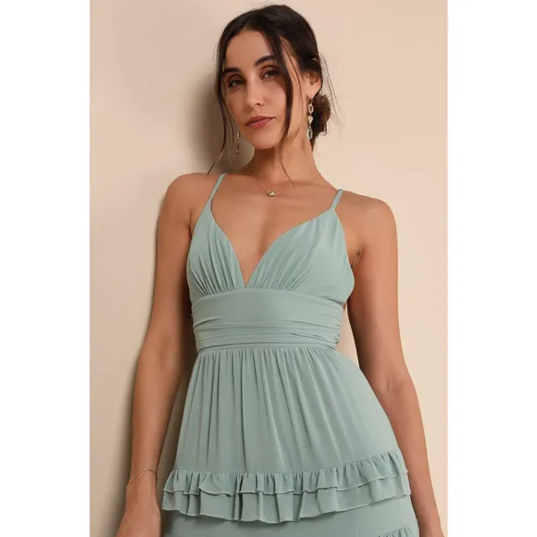 NWT Lulus Lavish Perfection Sage Green Ruffled Tiered Maxi Dress Party Gala XS - Image 3