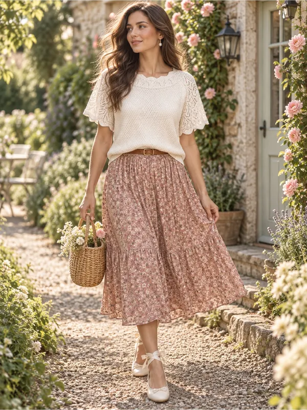 Vintage Ivory Pointelle Knit Flutter Sleeve Scalloped Sweater Top - Image 2