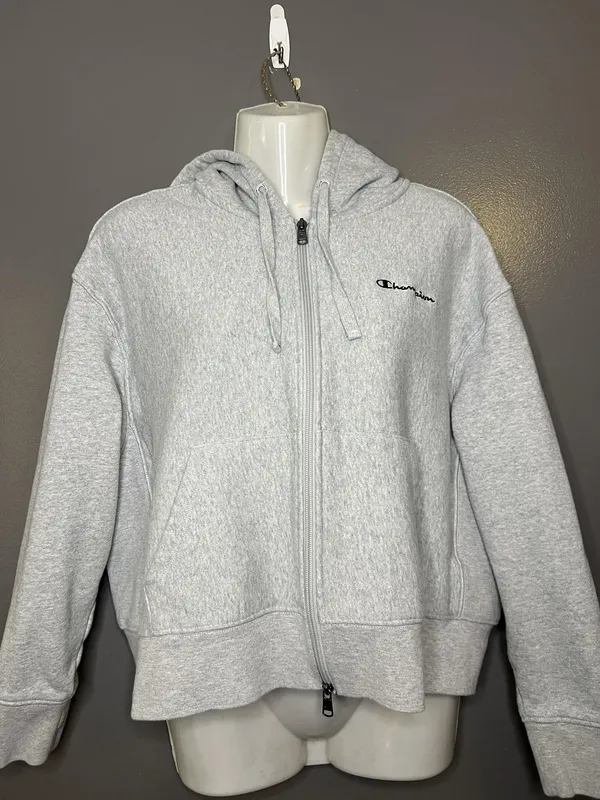 Champion Hoodie Womens XL Gray Full Zip Fleece Cropped Sweatshirt Logo Athletic - Image 2
