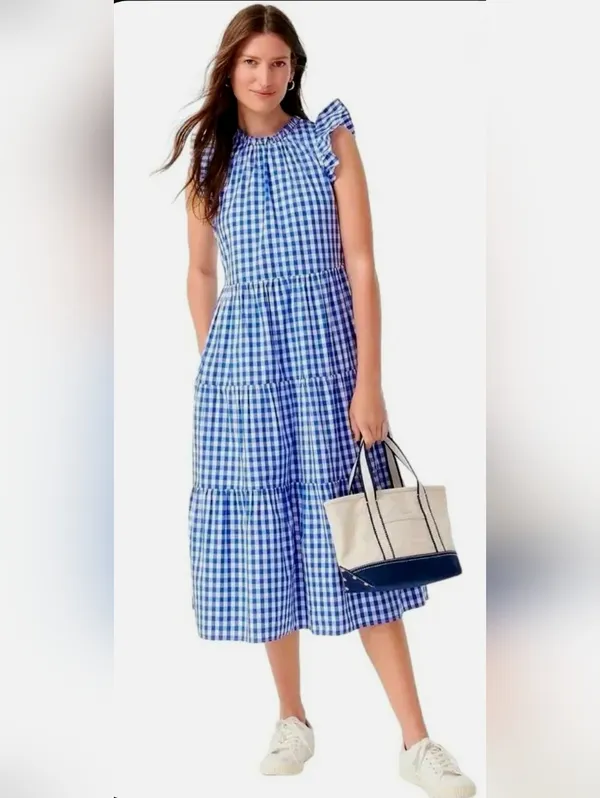NWT J.Crew Tiered Ruffle-Sleeve Midi in Sapphire Gingham Cotton Dress XS - Image 4