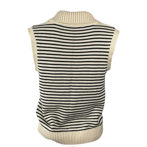 NetWork Women's Cream Black Striped Sleeveless Knit Polo Vest Sweater Top Size S - Image 4