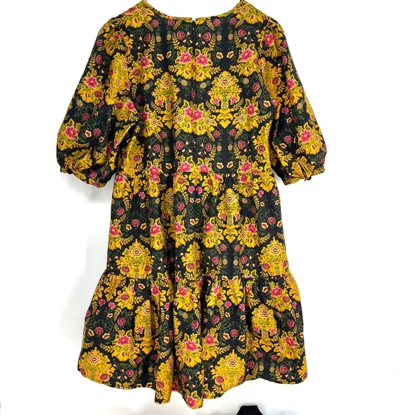 Farm Rio Arabesque Floral Mini Dress Puff Sleeve Tiered Black Yellow Large - Image 3