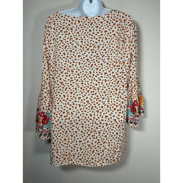 Savanna Jane Tunic Blouse Orange White Embroidered Floral Animal Print Large - Image 5