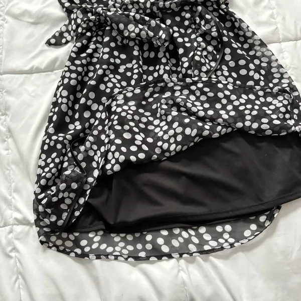 Vintage Mini Dress‎ Womens Large Black White Polka Dot 90s Y2K Belted Ruffle - Image 7