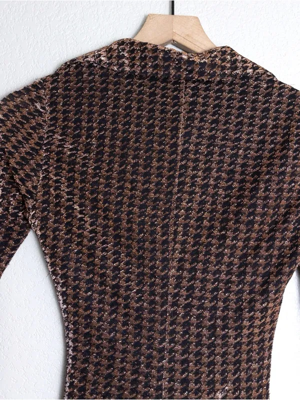 ASTR Nia Metallic Houndstooth Mini Dress XS Copper Black Vneck Jersey Stretch - Image 12