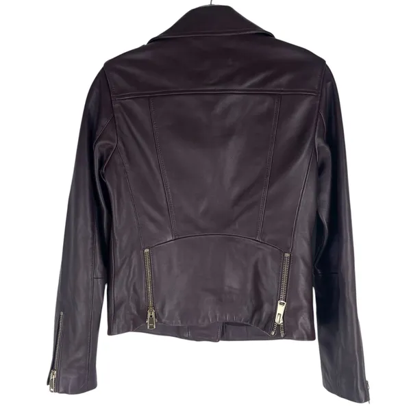 Reiss Leiya Lamb Leather Moto Jacket In Berry Brownish Red Size 4 - Image 8