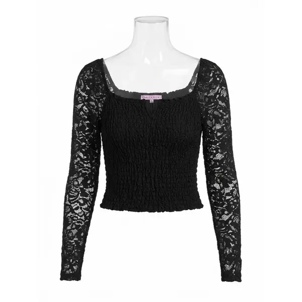 ​Crave Fame Y2K Black Smocked Lace Long Sleeve Notched Neck Boho Top Size XL - Image 2