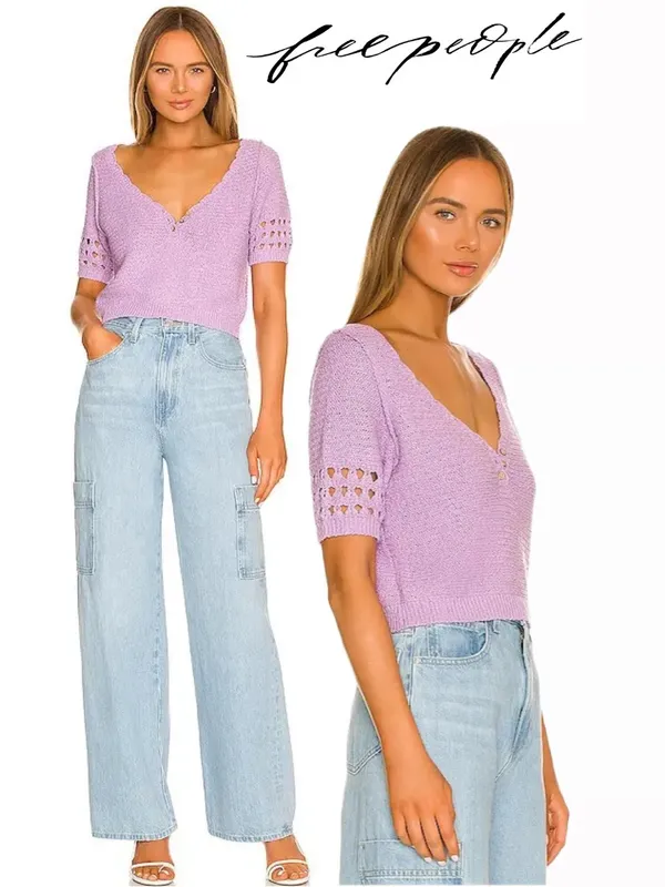 FREE PEOPLE Bree Cropped Pullover in Glimmer in Lilac Purple Sz. Medium - Image 2