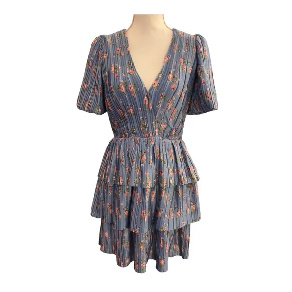 WAYF Blue Floral Pleated Tiered Ruffle Mini Dress Short Puff Sleeve V-Neck L NEW - Image 3