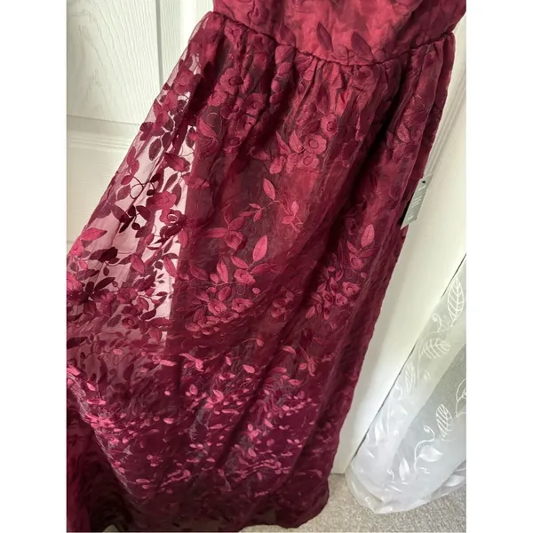 New Lulus Always With You Burgundy Floral Embroidered Organza Maxi Dress sz S - Image 11