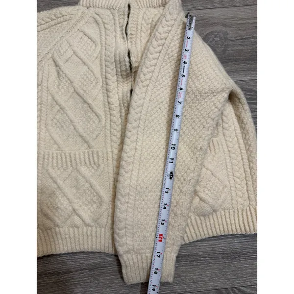 80s Carraig Donn Handknit Merino Wool Aran Zip Cropped Cardigan Sweater Cream M - Image 9