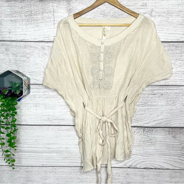 Adiva Cream Embroidered Boho Gauzy Belted Kimono Top Size Medium - Image 11