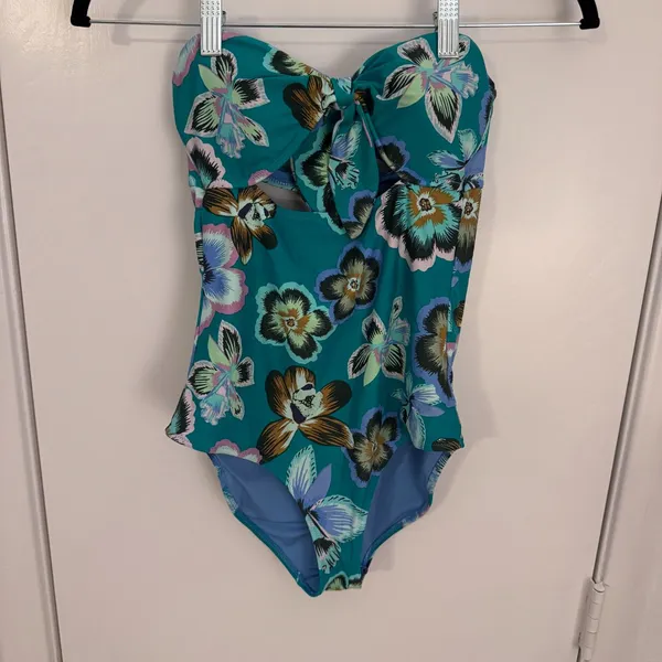 Aerie Green Floral Strapless Padded One Piece Full Coverage Swimsuit EUC - Image 3