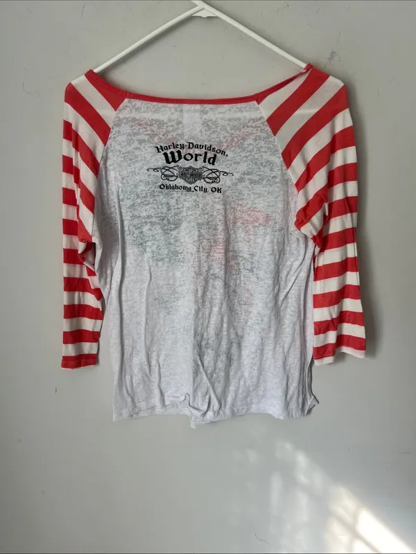 Harley Davidson Stripe Sleeve Oklahoma City OKC womens top, size Medium ^ - Image 5
