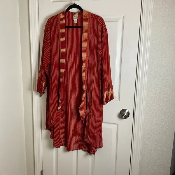 Freestyle Boho Red Striped Kimono Cardigan Open Front Duster Size 1X - Image 12