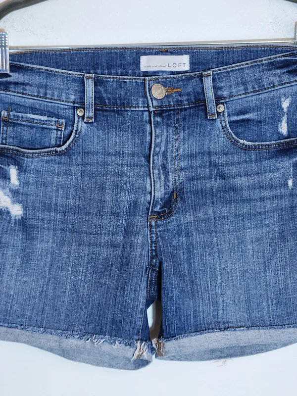 Loft Medium Wash Distressed Cuffed Denim Shorts Size 28 - Image 2