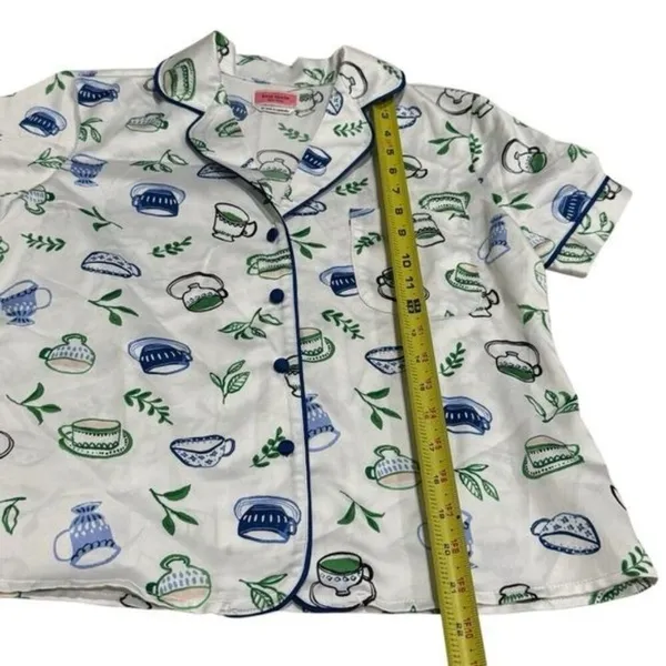 Kate Spade Blue Green Novelty Coffee Print Satin Pajama‎ Top Cozy Feminine XS - Image 10