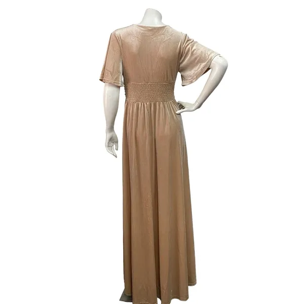 Baltic Born Women's Medium Tan V-Neck Bridesmaid Short Sleeve Velvet Maxi Dress - Image 6