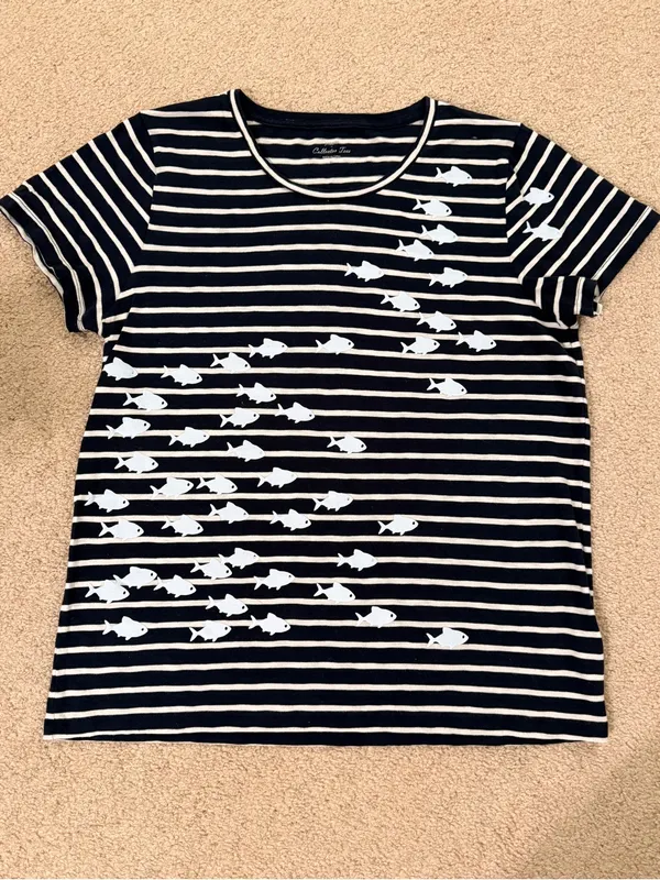 J.Crew Fishy Collector Tee XL Navy‎ Stripe Fish Print Cotton Coastal Top - Image 2