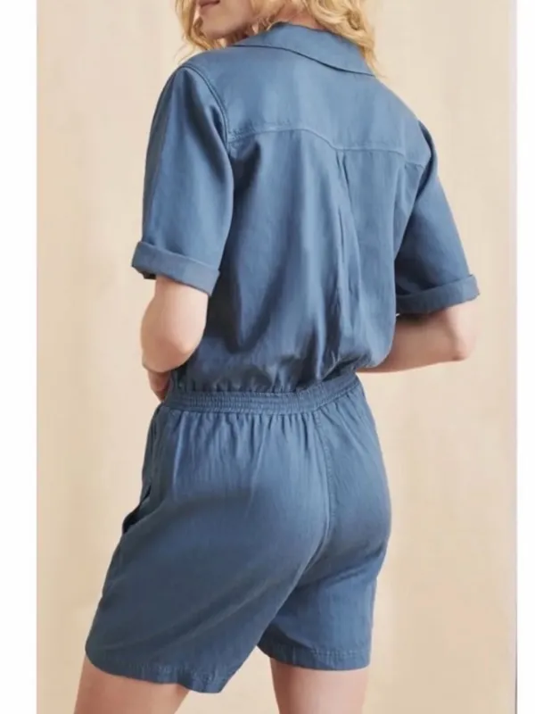 Faherty Arlie Romper Stormy Seas Blue Tencel Linen Button Front Size L - Image 3