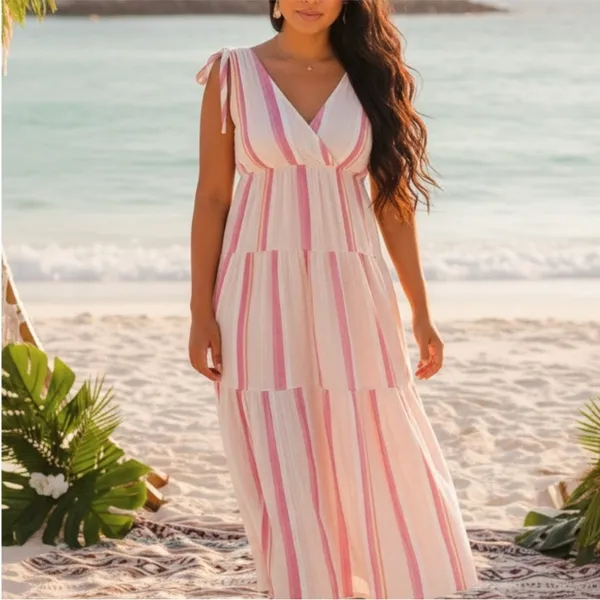 MARINE LAYER Tiered V-neck‎ Stripe Maxi Dress Gauzy Airy size Small Pink - Image 10