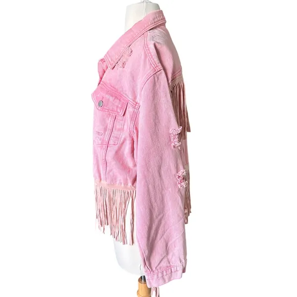 Cropped Pink Distressed Fringe Denim Jean Jacket L Western Cowgirl Festival - Image 5