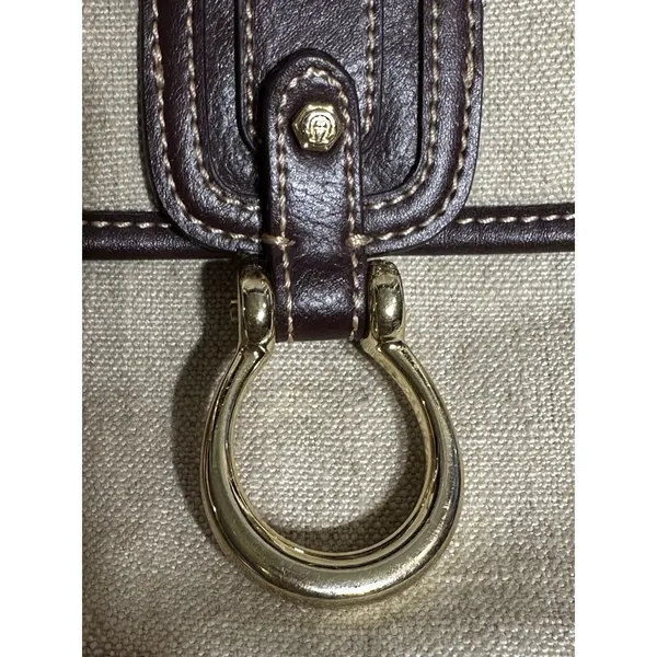 Etienne Aigner Purse~ Beige Linen Blend~Burgundy Trim~Snap Close Gold Hardware - Image 12