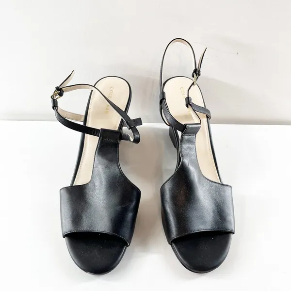 Cole Haan Maddie Open Toe Wedge Leather Shoes Sandals Black 9.5 - Image 9
