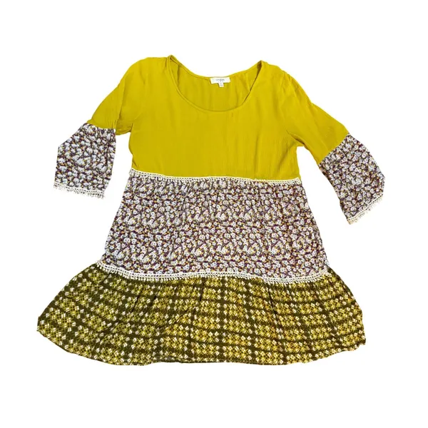 Umgee USA Mustard Yellow Floral Boho Mixed Print Tunic‎ Top Crochet Lace Medium - Image 7