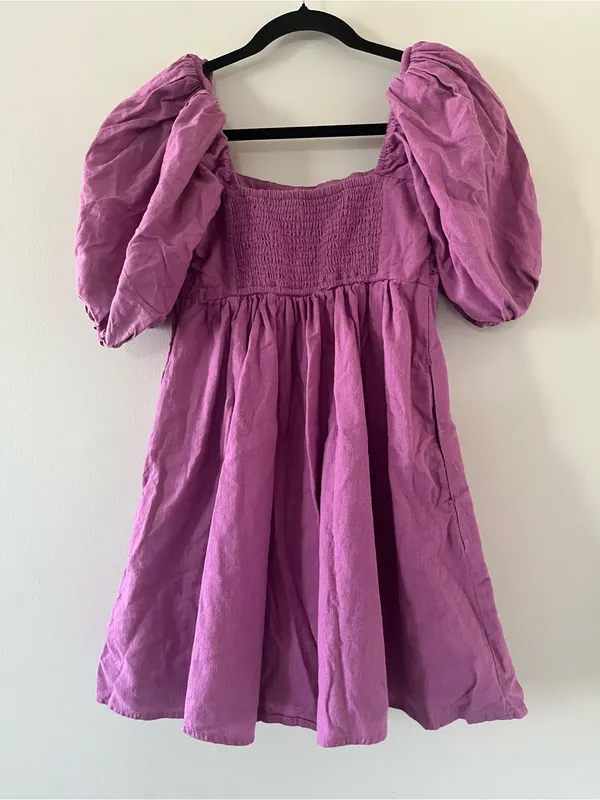 Abercrombie Purple Linen Blend Babydoll Puff Sleeve Mini Dress Small Coastal - Image 8