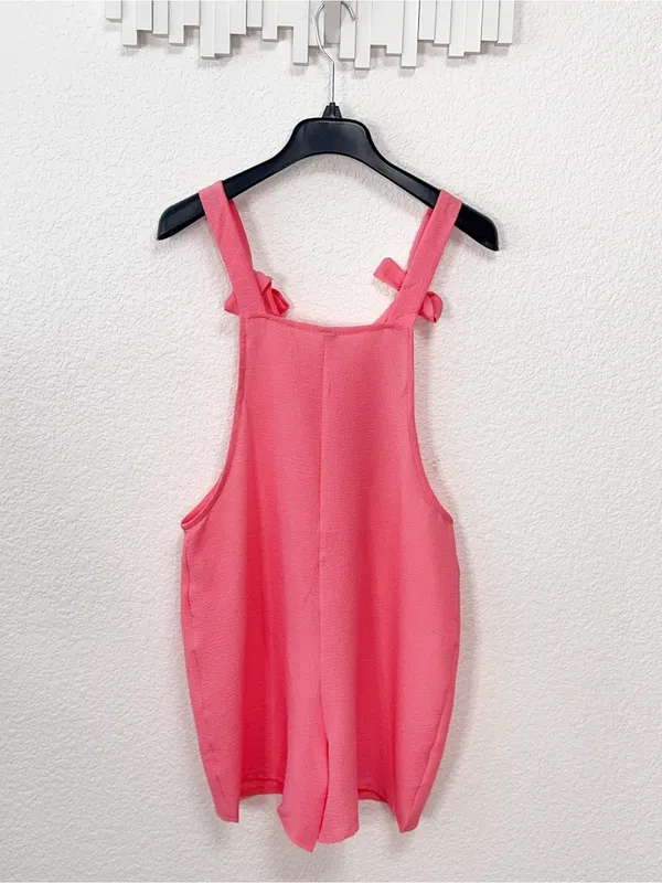 Miss Sparkling Coral Pink Tie Strap Pocket Overall Romper Shorts - Image 3